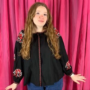 Pursue cross stitch embroidered rose black hippie boho blouse, one size